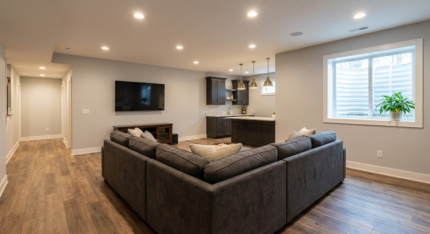 Fully finished basement with luxury vinyl floors, recessed lighting, wet bar, and family room