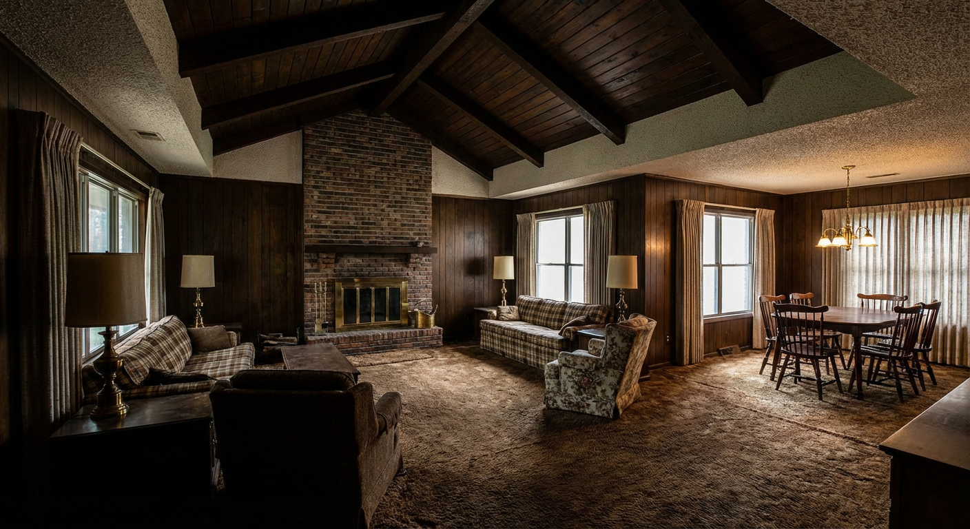 Dated 1970s split-level New Jersey home interior with dark wood paneling and old carpet before remodel